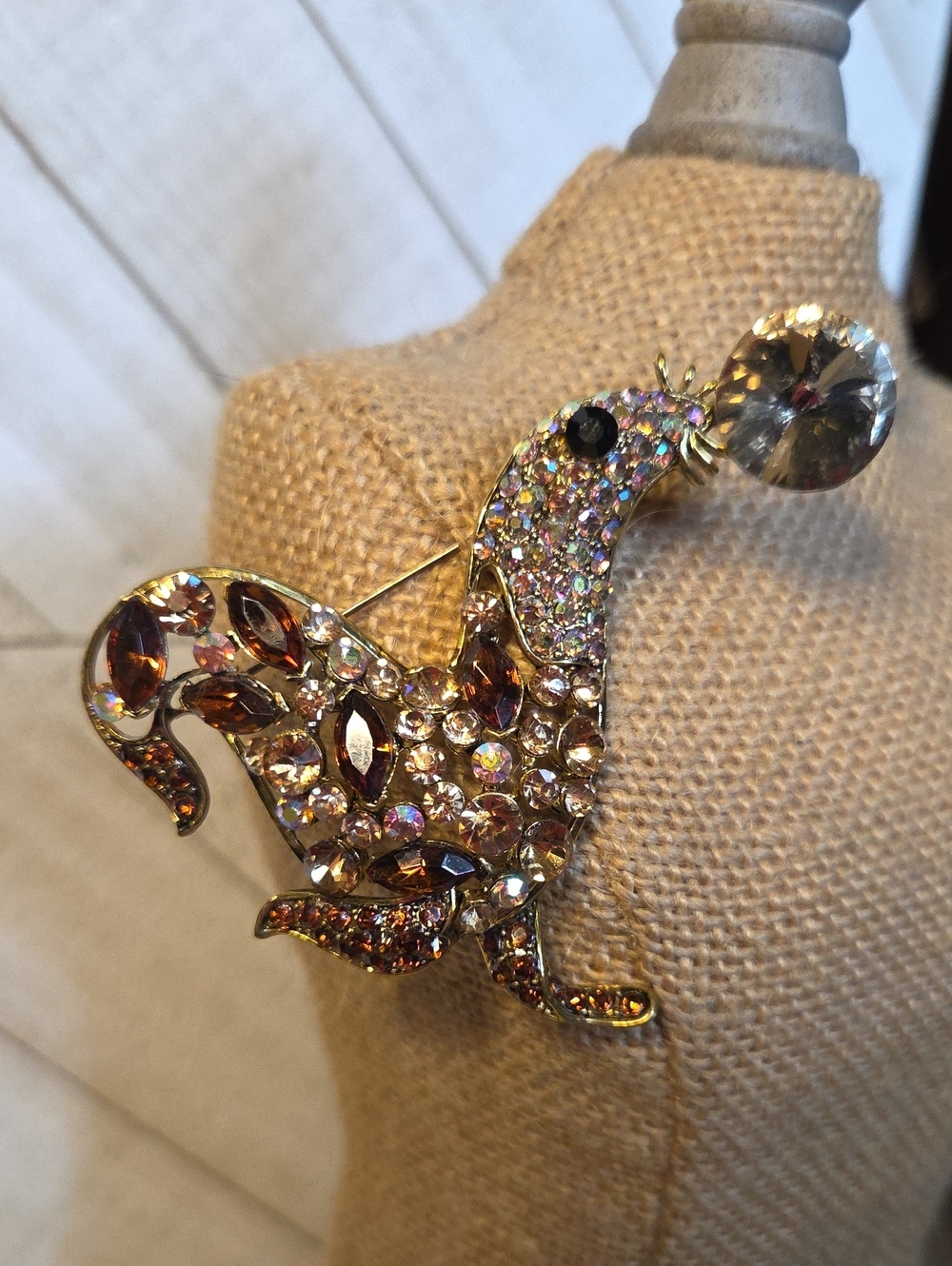 Vintage Oversized Seal With Ball Brooch Pin Or Pendant Amber and AB Faux Crystal